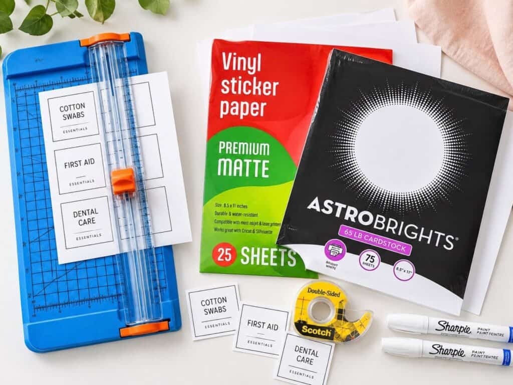 Label-making supplies with a blue paper trimmer, matte sticker paper, white cardstock, double-sided tape, paint markers, and printed labels.