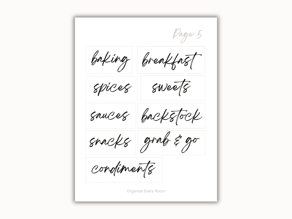 Free printable pantry category labels for snacks, baking, breakfast, spices, backstock and condiments.