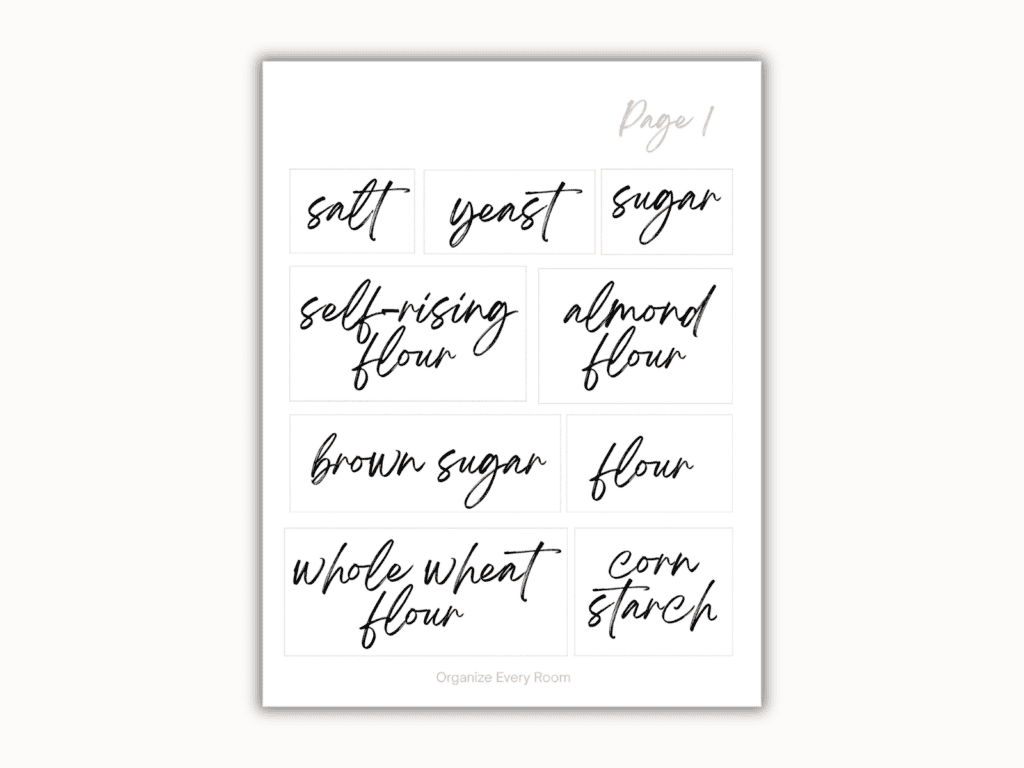 Free printable pantry labels for flour, sugar, salt, yeast and other baking basics.