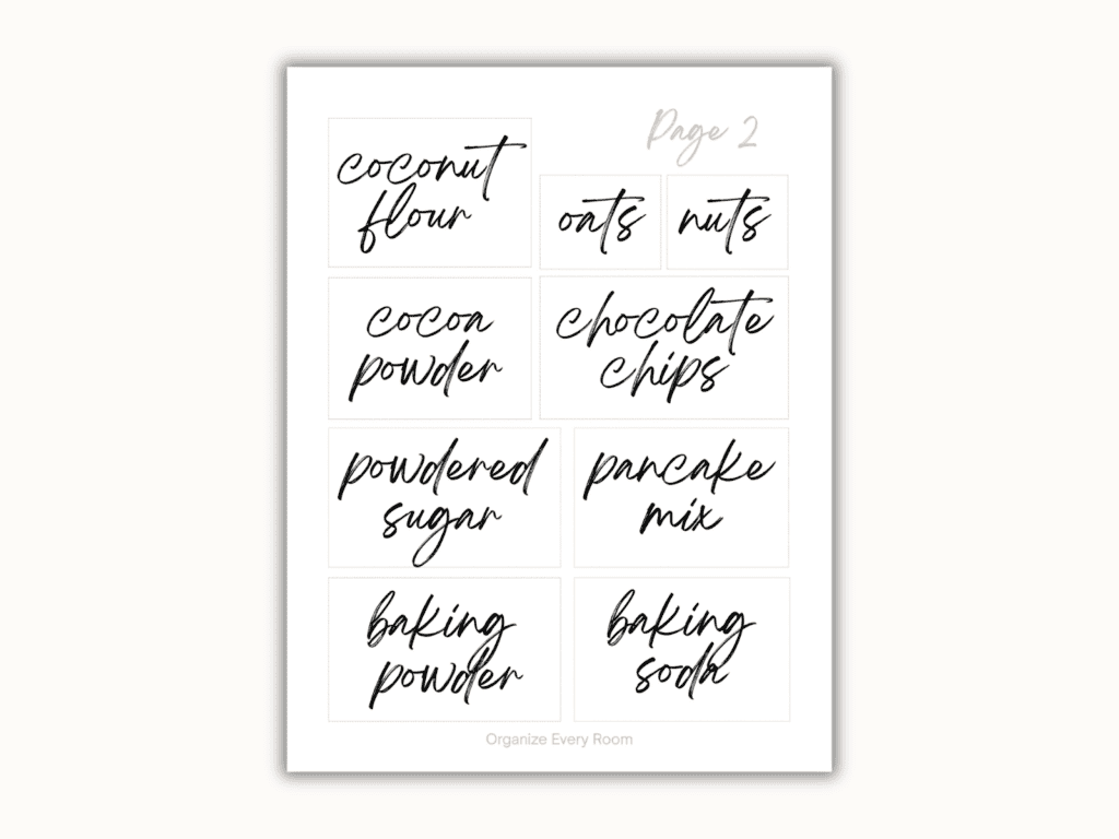 Printable pantry labels for baking powder, baking soda, oats, nuts, cocoa and other baking ingredients.