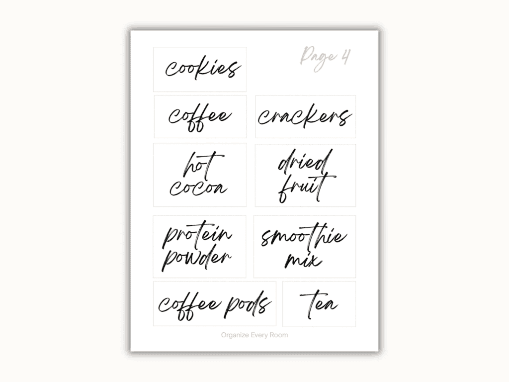 Printable pantry labels for coffee, tea, crackers, cookies, dried fruit and drink ingredients.