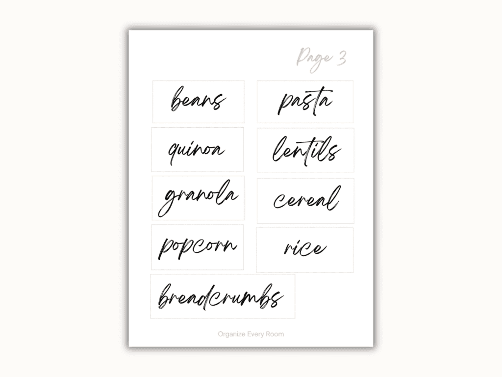 Free pantry labels for rice, pasta, beans, lentils, cereal, granola and other dry goods.