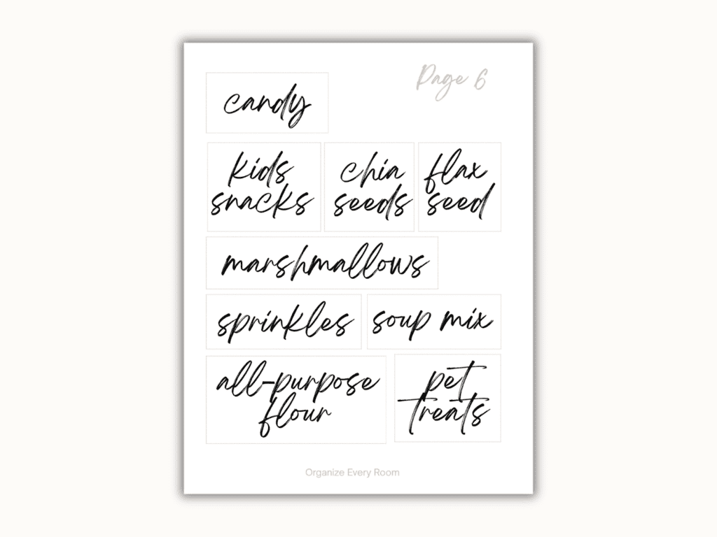 Printable pantry labels for chia seeds, flax seed, marshmallows, sprinkles, soup mix and pet treats.
