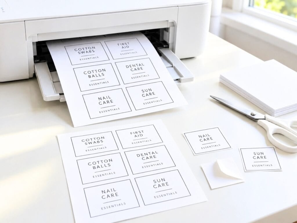Organization labels printing from a home printer, with a finished sheet, cut labels, sticker backing, and scissors on a white table.