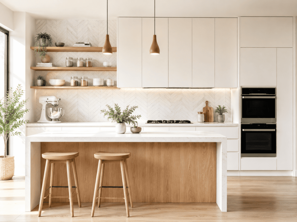 A kitchen with three organized shelves beside white cabinets.