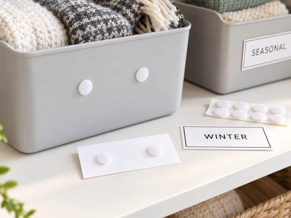 Hook-and-loop dots on a storage bin and the back of a removable label, with a winter label and spare dots nearby.