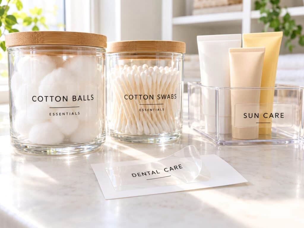 Clear sticker labels on glass jars and a sun care bin, with a dental care label partially peeled from its backing.