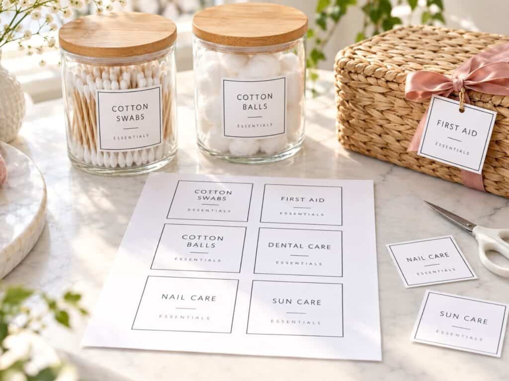 Label Starter Pack printable sheet with six household labels, scissors, cut labels, and pink ribbon on a white table.