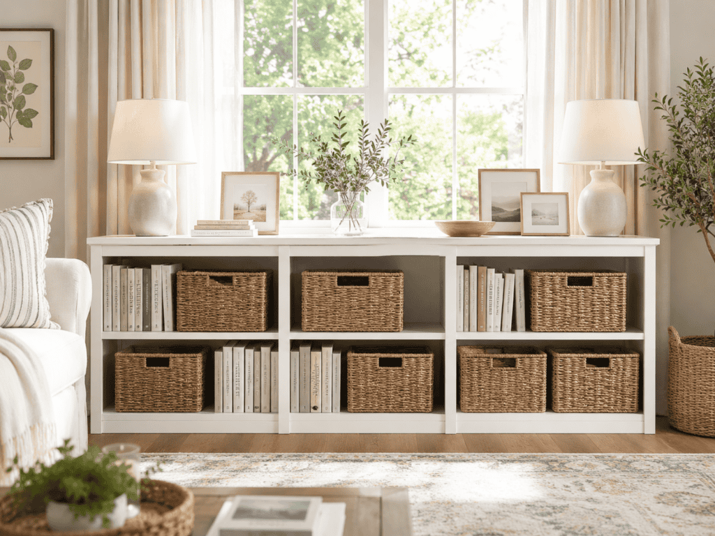A living room with shelves with baskets.