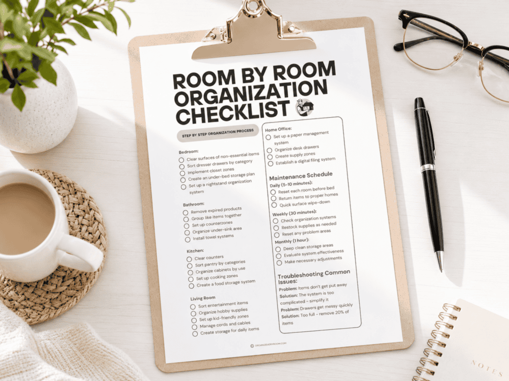 An organization checklist on a desk beside a pen, coffee cup, and glasses.