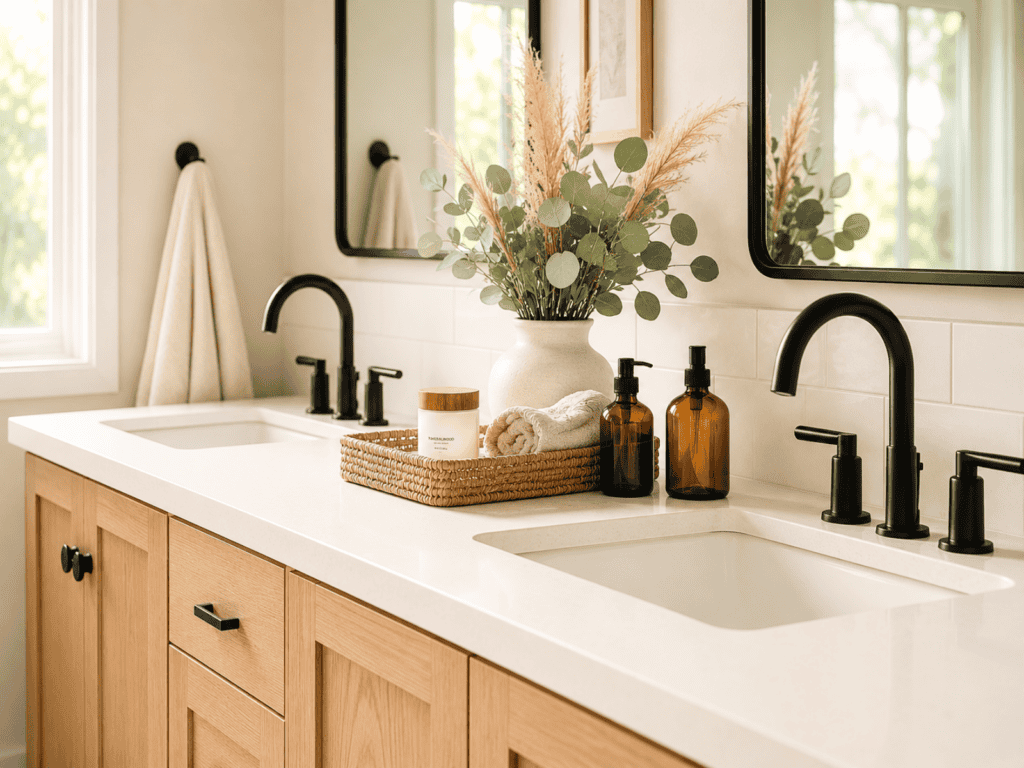 A double sink in a bathroom with a basket of organized products in between the sinks.