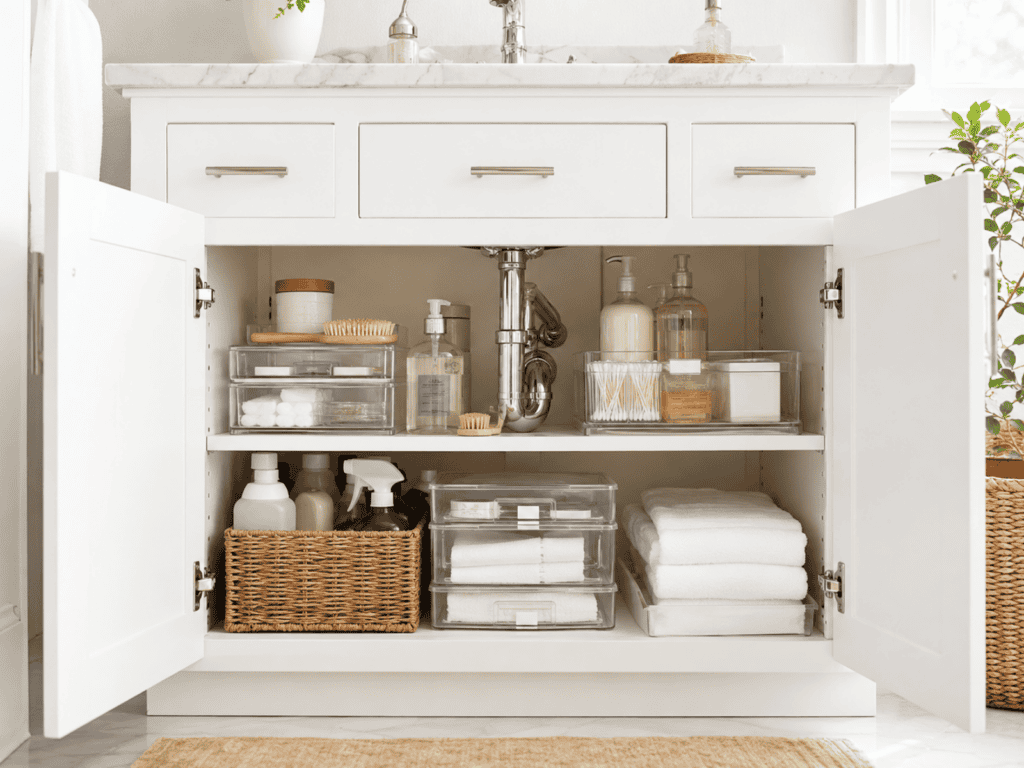 A white sink vanity in a bathroom with the cabinet doors open and showing two organized shelves.