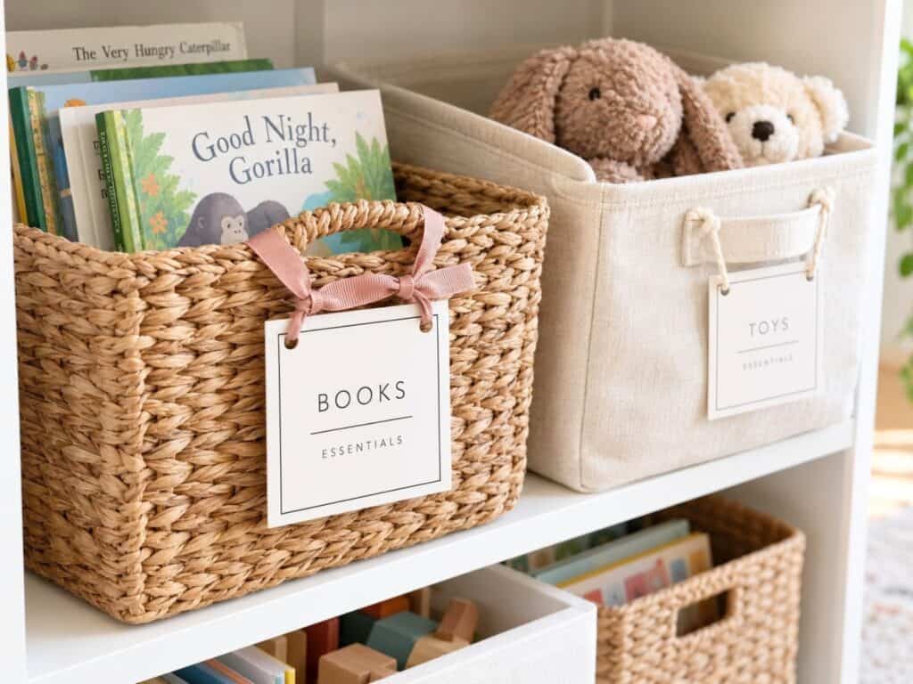 Hole-punched cardstock labels attached with pink ribbon to a book basket and cream string to a fabric toy bin.