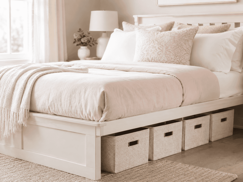 A bed with a pink bedspread and 4 baskets under the bed.
