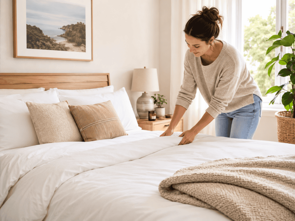 A woman making her bed in the daytime.