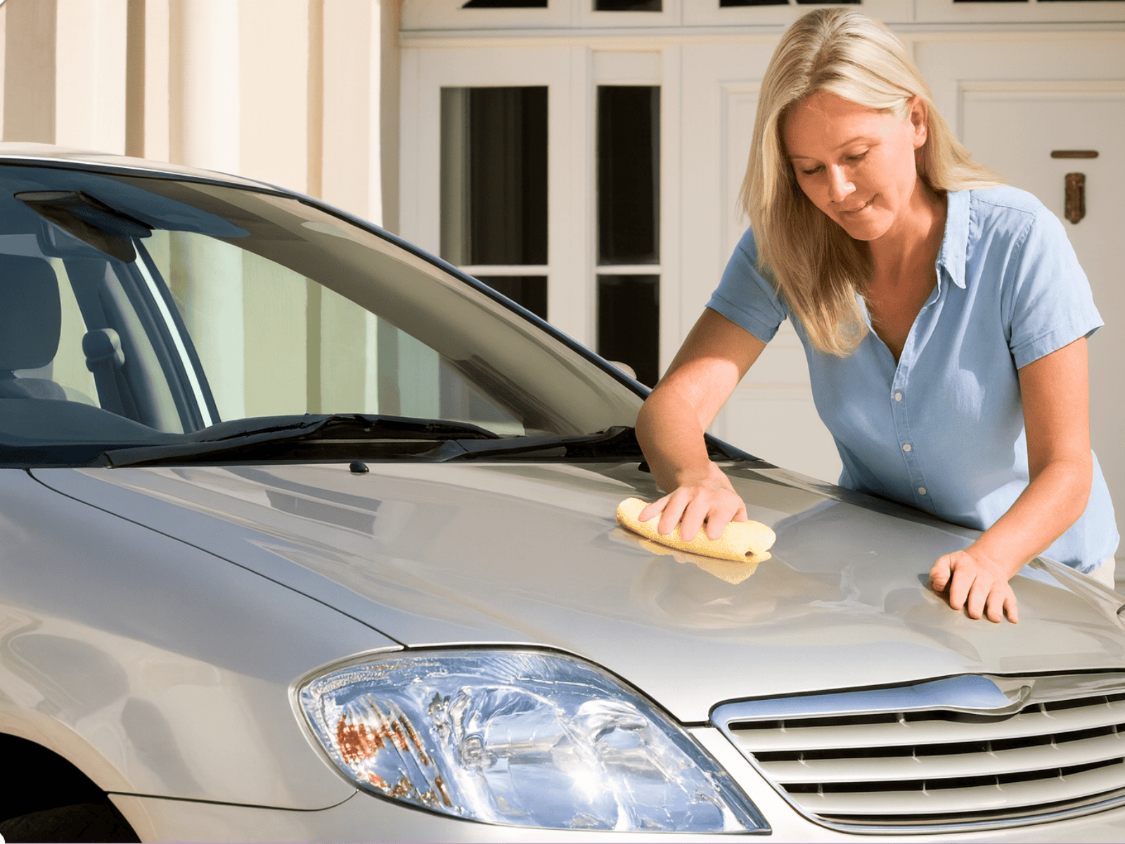 A blonde woman wearing casual clothes wipes the windshield of a car outside a house. She is looking down at the car while cleaning.