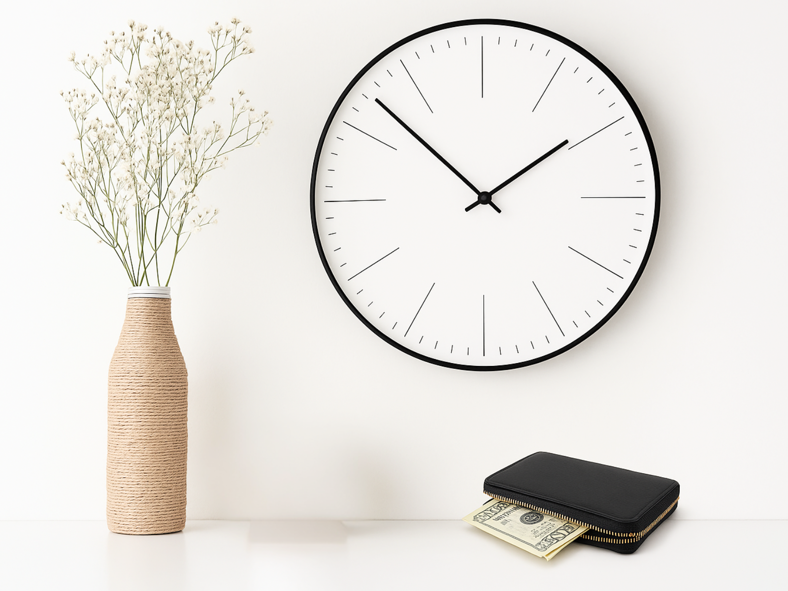 A minimalist scene featuring a white wall clock, a twine-wrapped vase with delicate white flowers, and a black leather wallet with money partially visible.