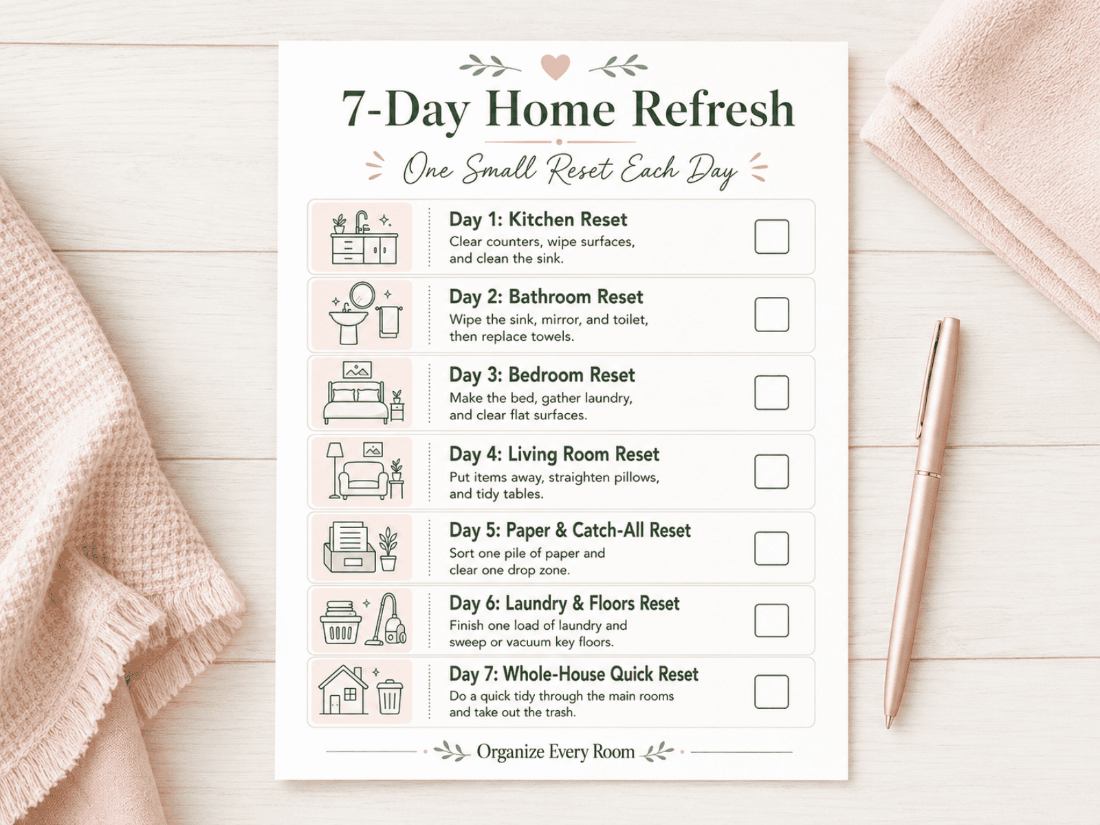 Seven-day home refresh printable with one small cleaning and organizing task assigned to each day.
