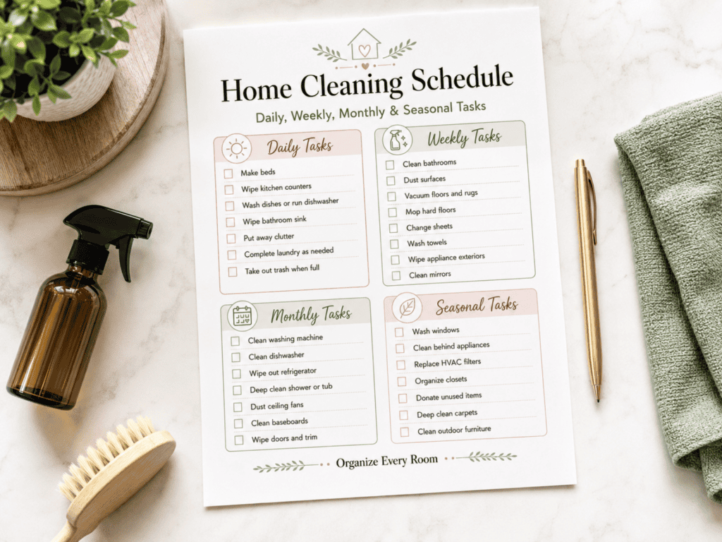 Printable home cleaning schedule with daily, weekly, monthly and seasonal cleaning tasks displayed on a light tabletop.