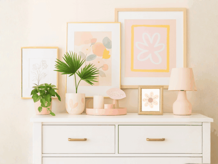 A white dresser styled with blush and pastel décor, including framed abstract art, small plants, candles, and a family photo. Soft pink and neutral tones create a calm, minimalist look for a modern, organized home.