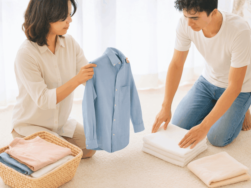 A woman holds up a light blue shirt while sitting on a soft carpet next to a wicker basket of folded clothes, as a man kneels nearby neatly stacking white towels in a bright, sunlit room.
