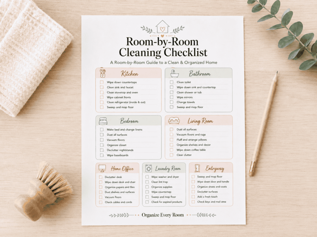 Room-by-room cleaning checklist with tasks for the kitchen, bathroom, bedroom, living room, home office, laundry room and entryway.