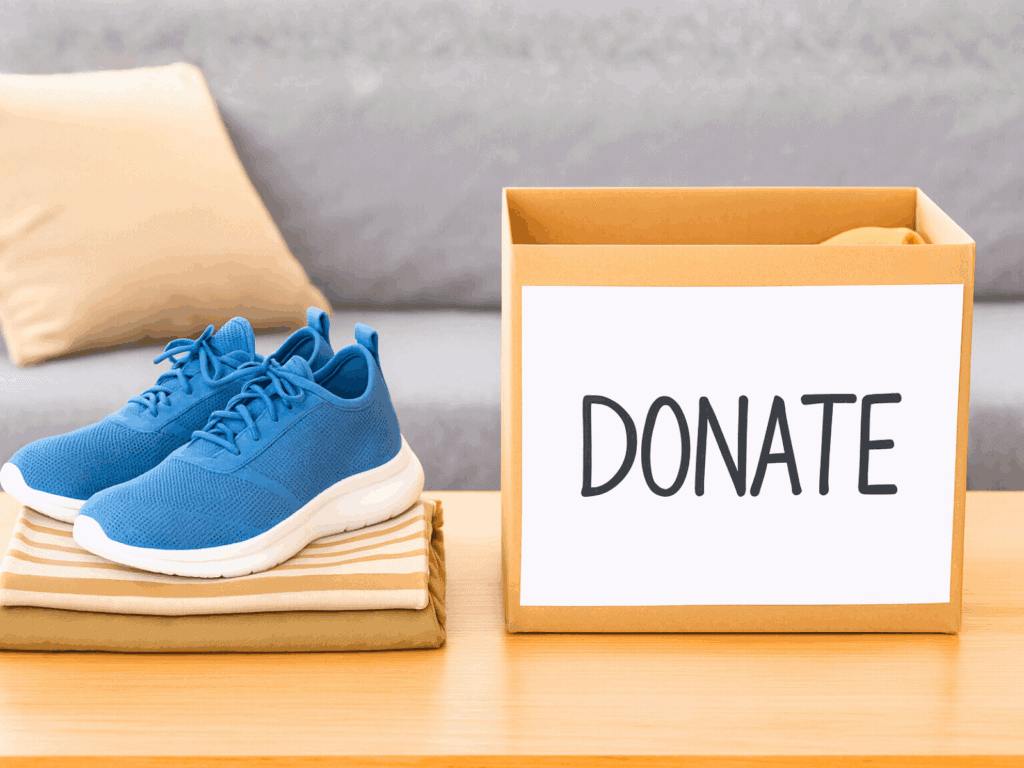 A pair of blue athletic shoes sits neatly on top of folded khaki pants and a striped shirt beside a cardboard donation box labeled “DONATE” on a wooden table in a cozy living room.