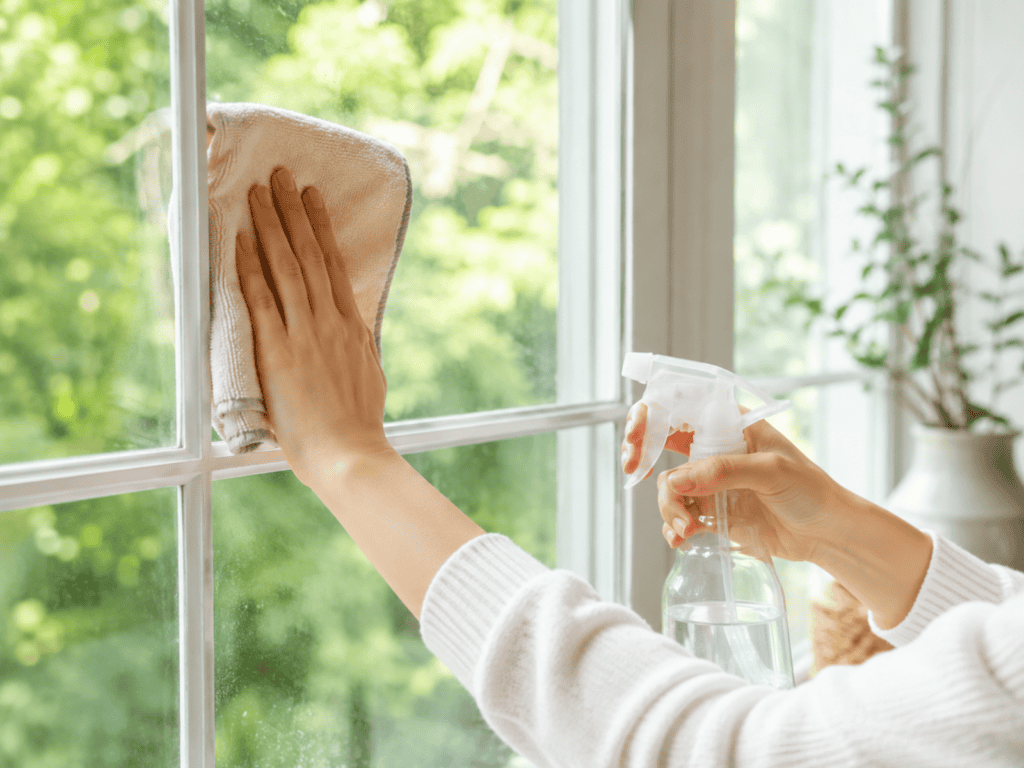 A woman cleaning a window with a spray bottle and cleaning cloth.