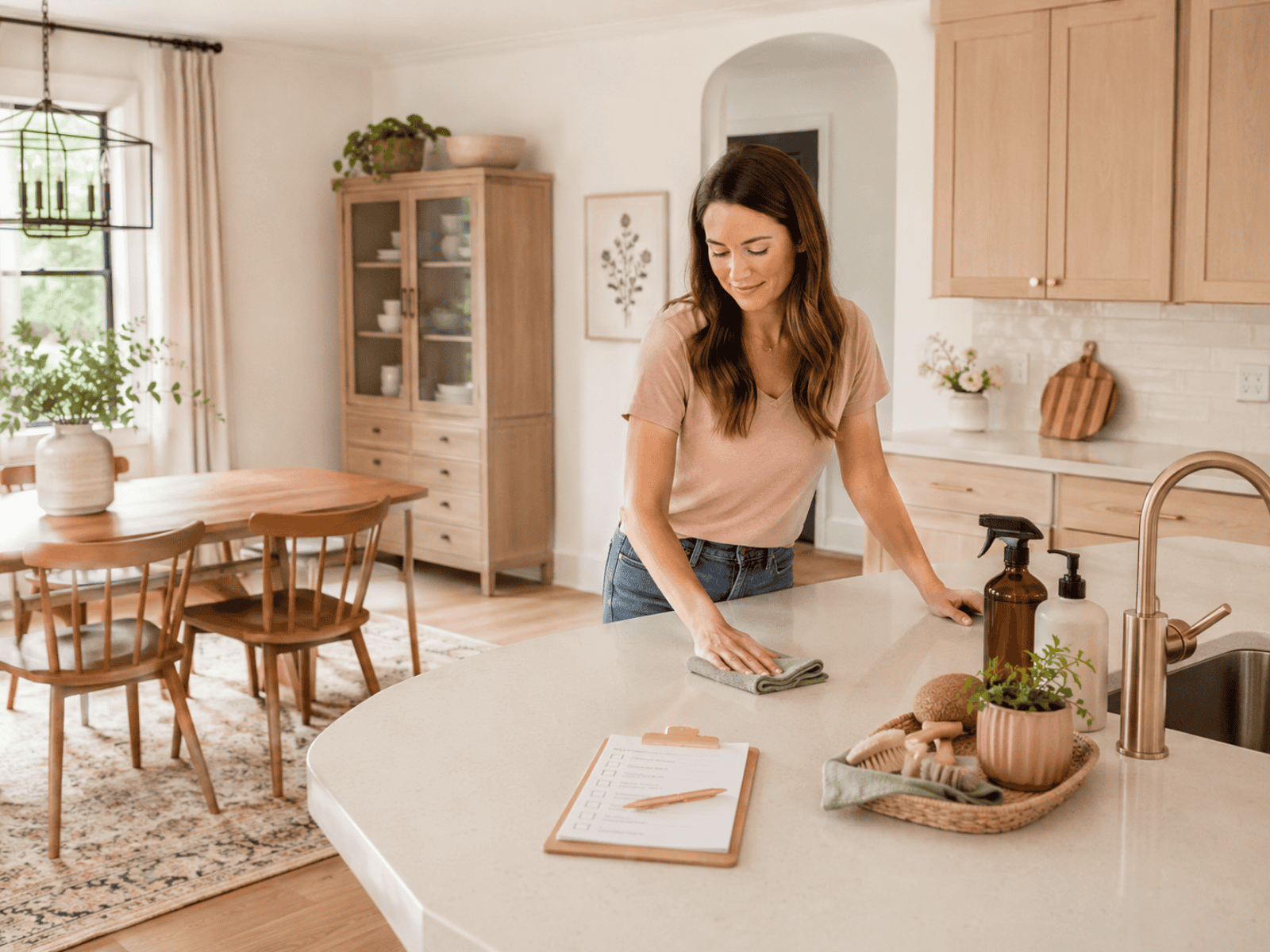 A woman wiping her kitchen countertop and she has a clipboard with a cleaning checklist laying on the counter beside her.