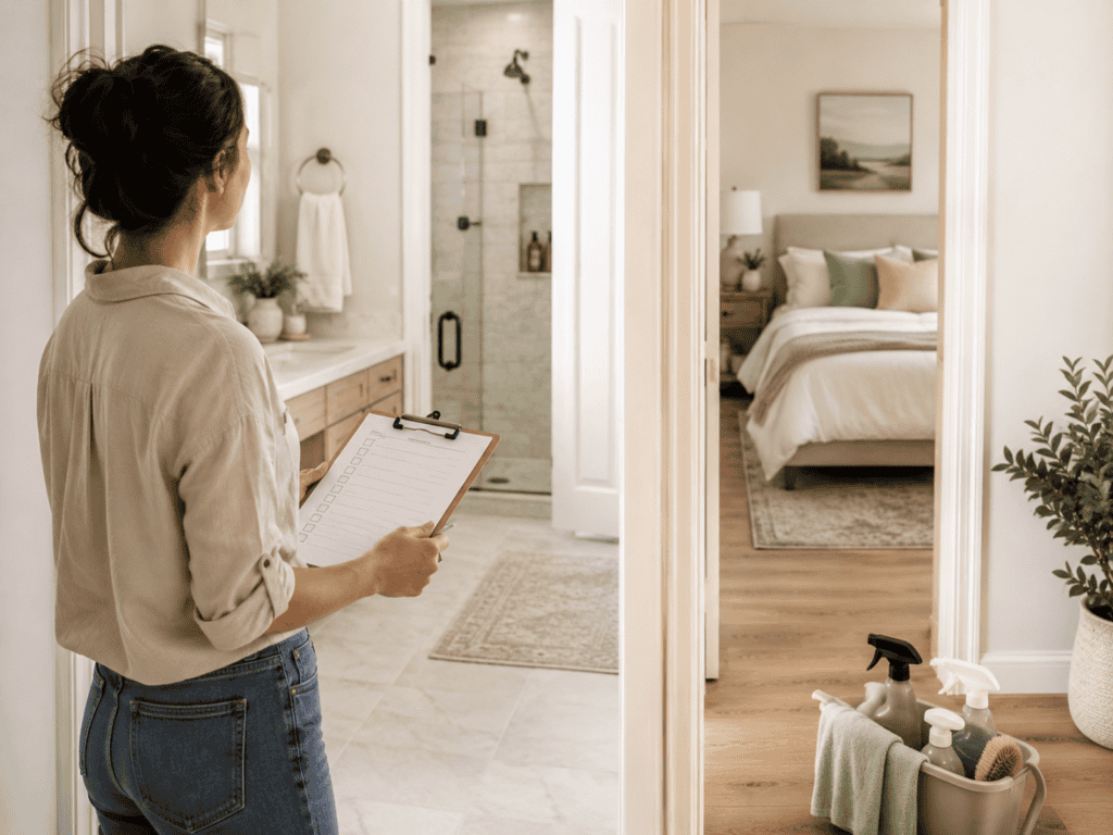 A woman looking into her bathroom and holding a cleaning checklist. A basket of cleaning supplies sits on the floor next to the woman.