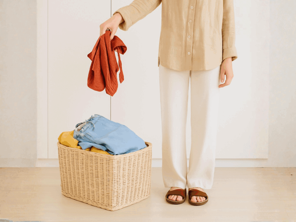 Person placing clothing into a wicker donation basket on a light wood floor in a bright, minimalist room.