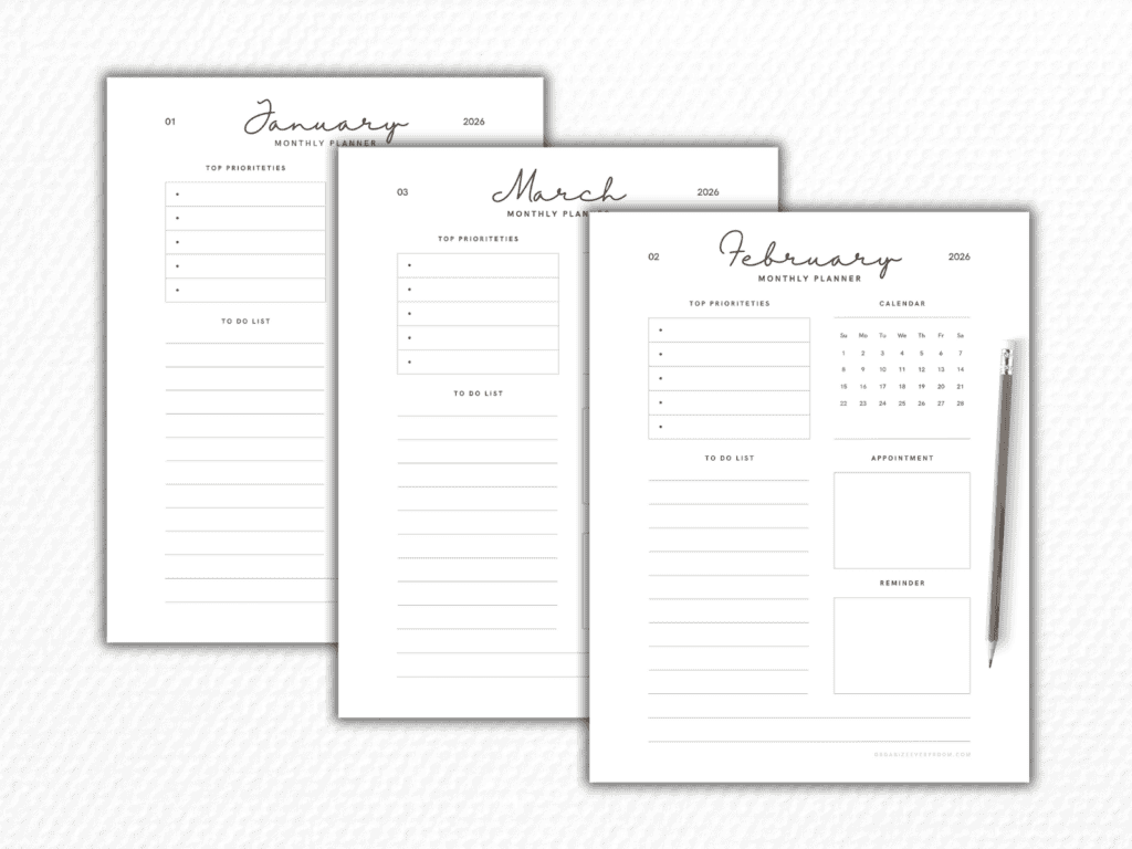 Minimalist 2026 monthly planner printables for January, February, and March featuring priority lists, to-do sections, and a small calendar layout.