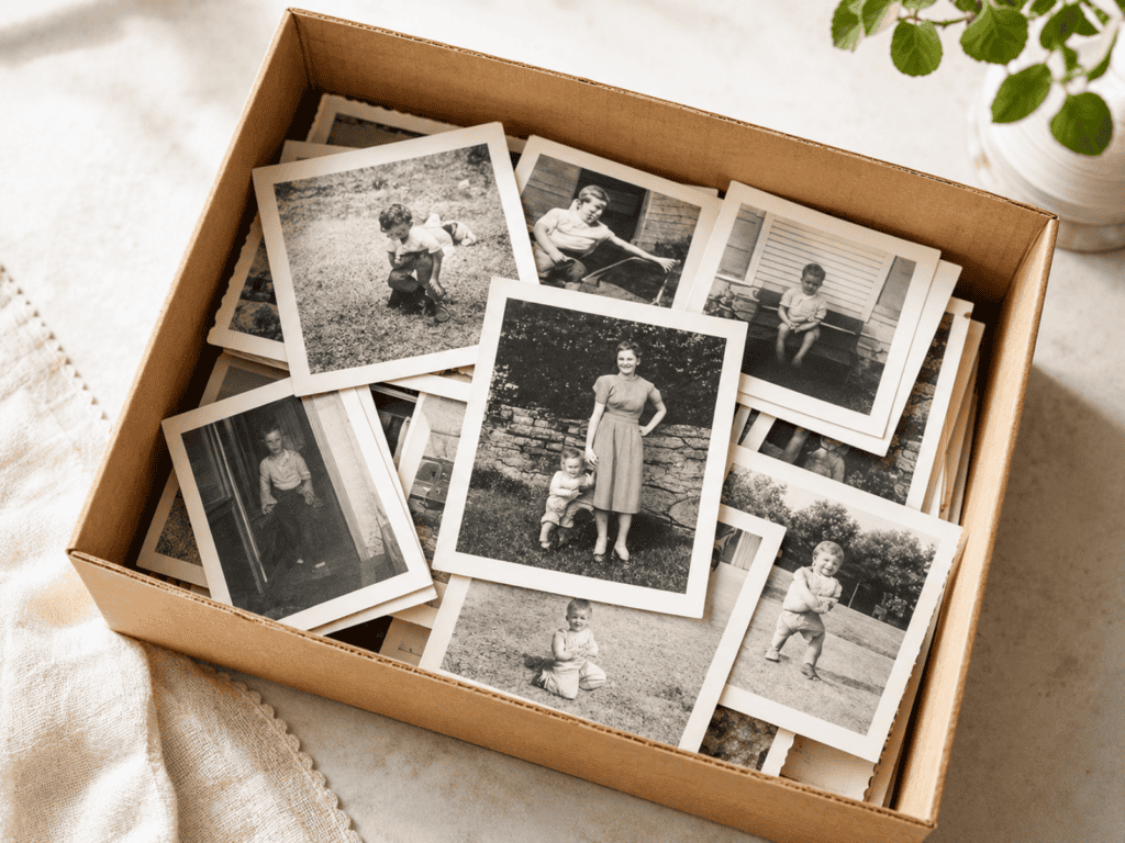 Black and white photos in a box beside a plant on a table.