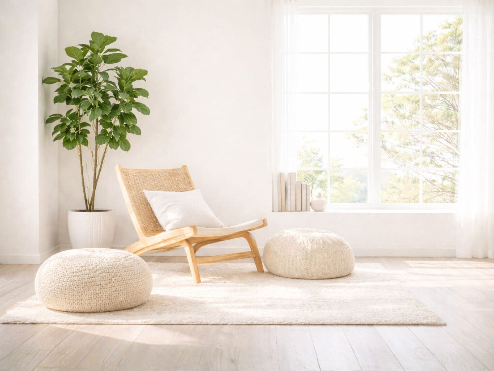 Bright, minimalist living room with natural light, neutral tones, a woven chair, soft poufs, and a tall green plant, representing motivation to declutter and simplify.