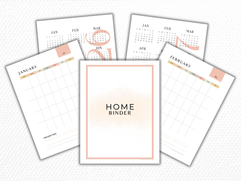 Minimalist home binder printable set featuring a blush-bordered binder cover surrounded by monthly calendar pages and year-at-a-glance calendars. Clean, neutral home organization planner design displayed on a textured white background.
