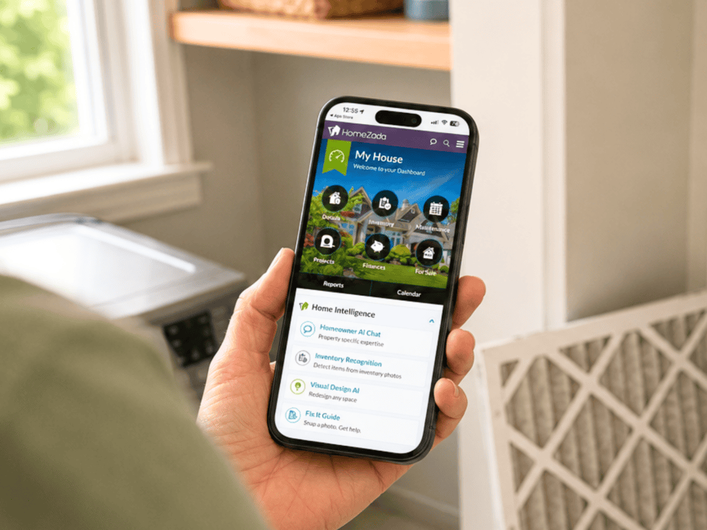 HomeZada dashboard with home inventory, maintenance, projects, and household records.
