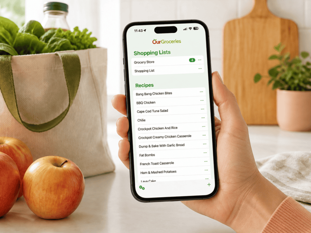 OurGroceries app displaying shared shopping lists and saved family recipes.