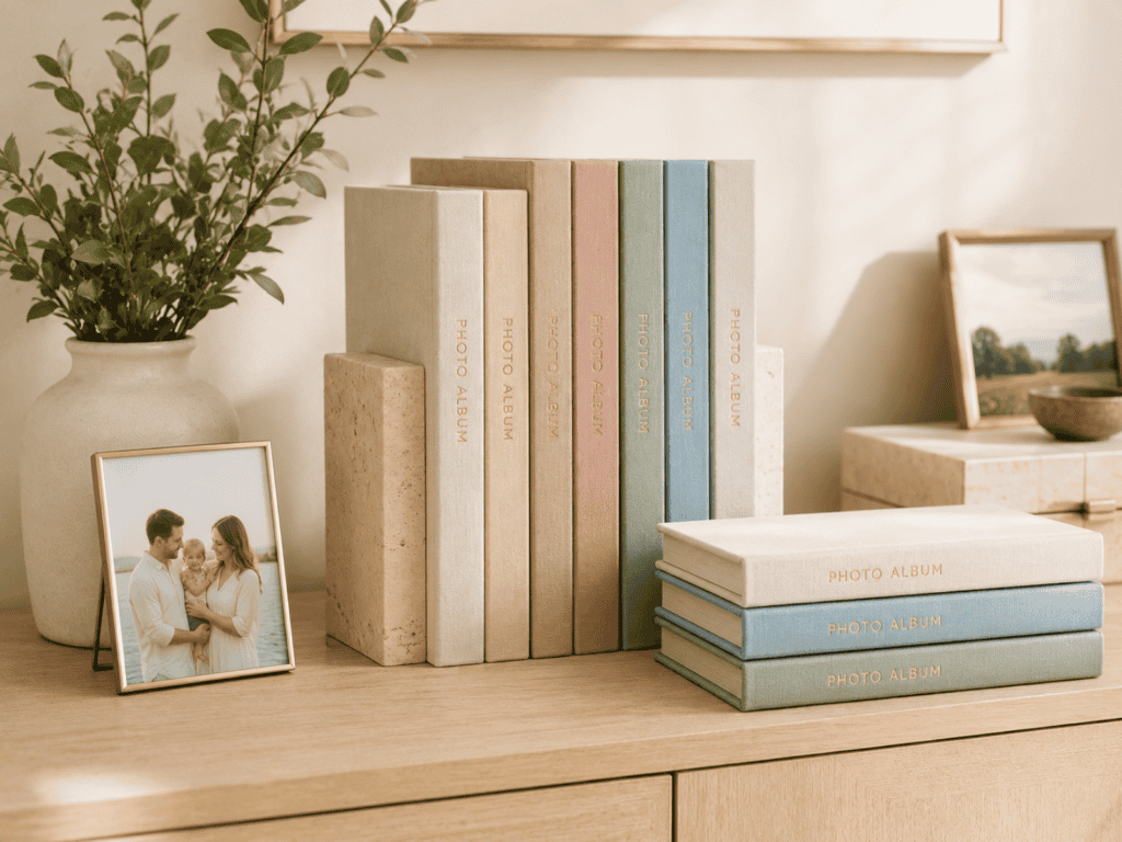 Photo albums on display on a desk beside a plant.