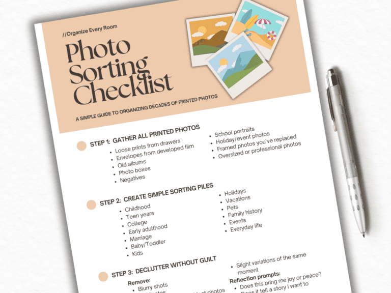 A printed page from a photo sorting checklist bundle, including a detailed step-by-step checklist displayed in a clean, minimalist layout.