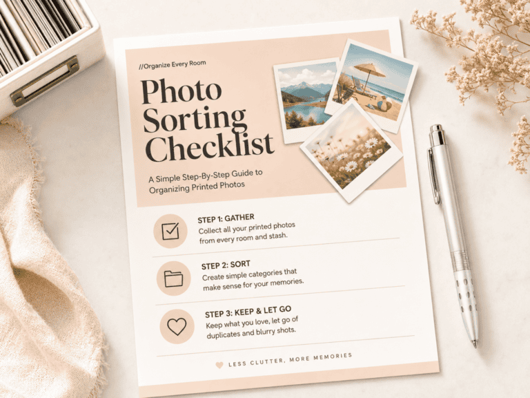 Photo Sorting Checklist printable with three simple steps, printed photos, a silver pen, and photo storage box on a neutral flat-lay background.