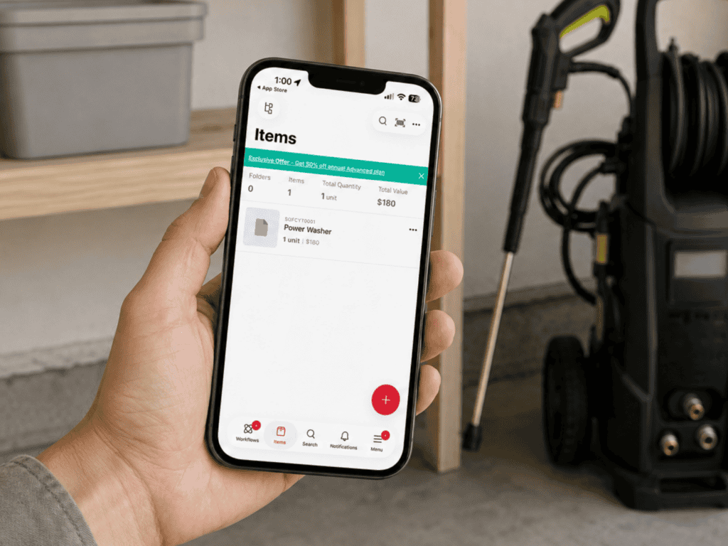 Sortly home inventory displaying a pressure washer with its quantity and value.