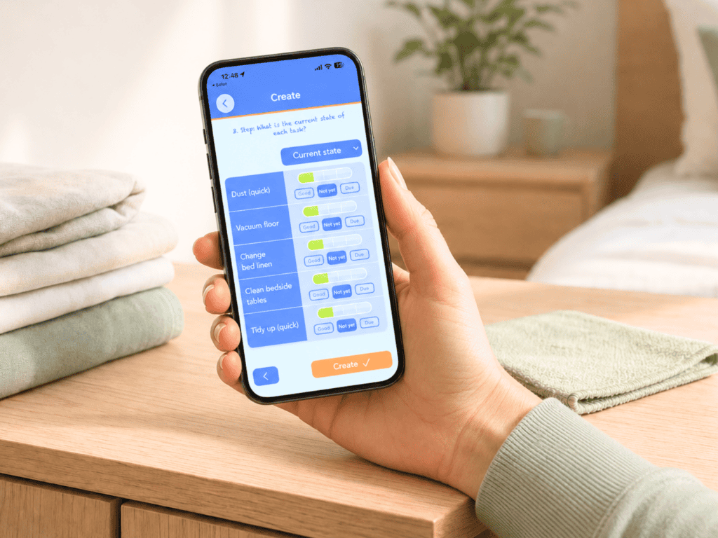 Sweepy app displaying a bedroom cleaning list, task progress, and cleaning streak.