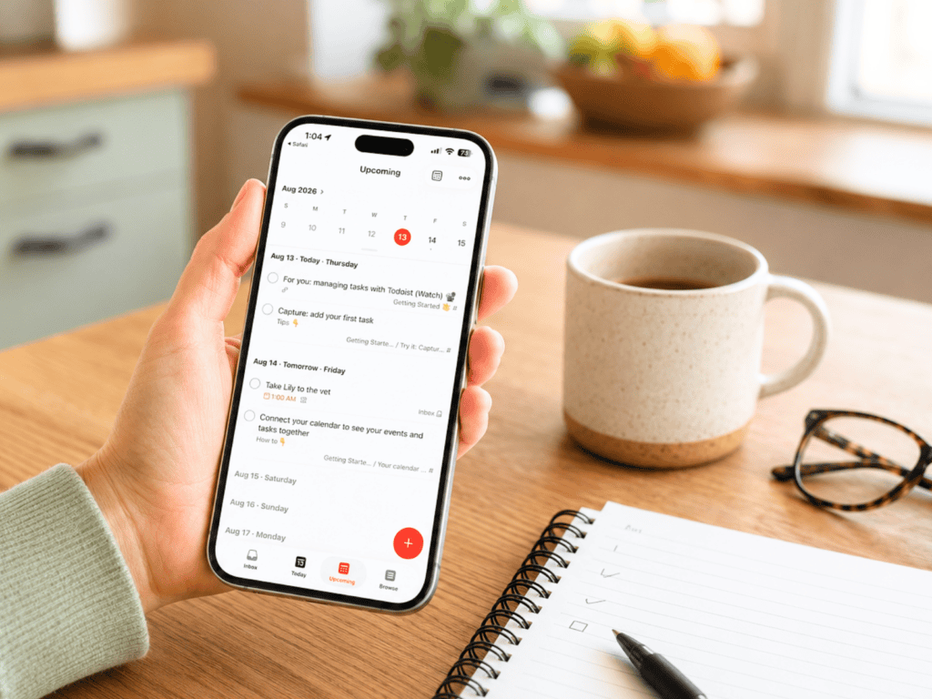 Todoist upcoming view displaying household tasks, reminders, and a veterinary appointment.