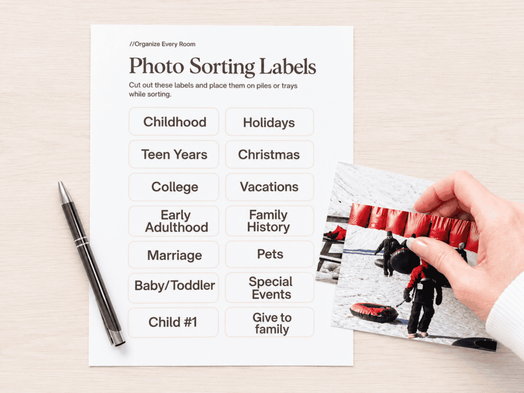 Flat lay of a photo sorting label sheet with categories like childhood, holidays, and vacations on a light wood desk, with a pen beside it and a hand holding printed photos.