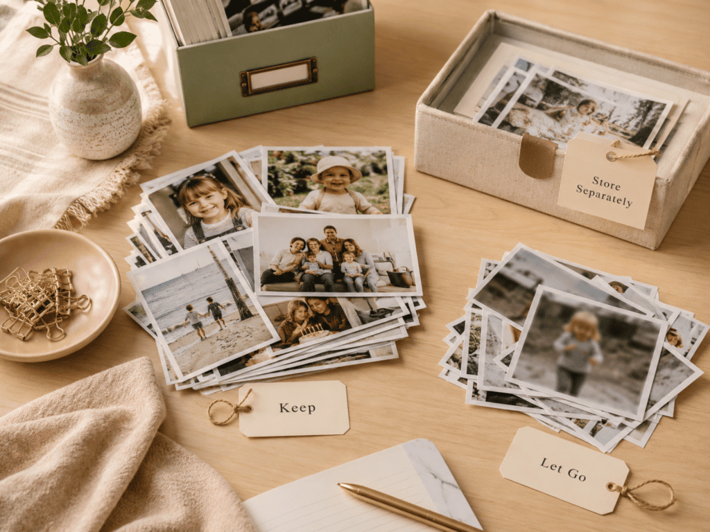 Photos sorted into the following categories: keep, let go, and store seperately.