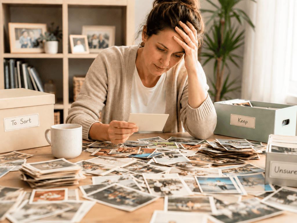 A woman sitting at a table that's covered in pictures.