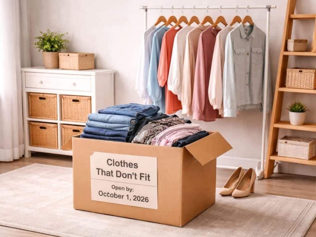 Box of clothes that don’t fit with a future date label in a clean, organized bedroom.