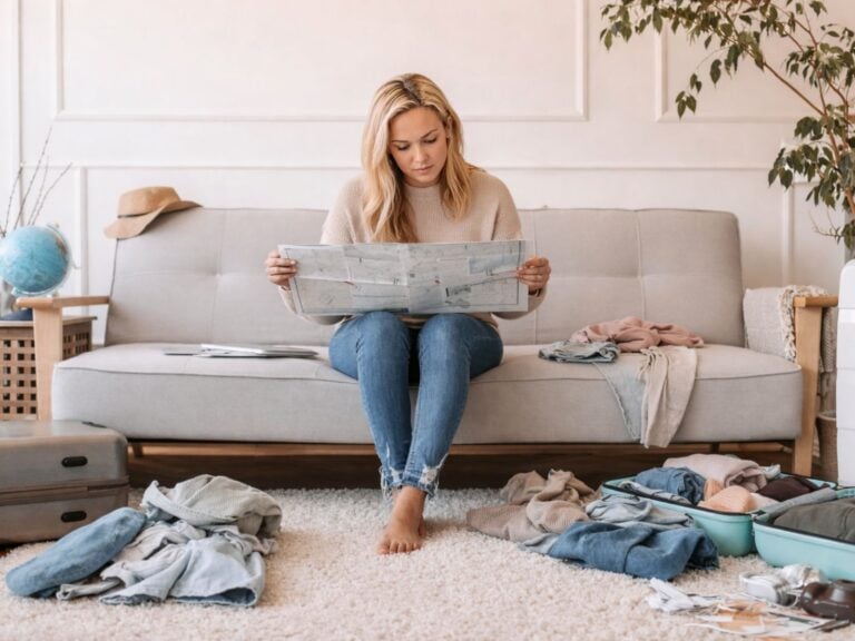 Woman sitting on couch surrounded by clothes and belongings while trying to declutter.