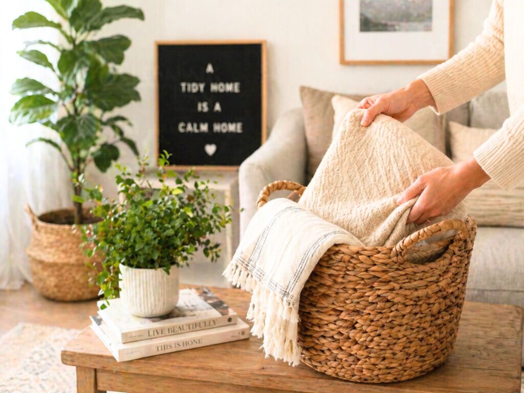 Person placing folded throw blankets into woven basket on coffee table in a cozy organized living room with plants, sofa, and neutral decor.