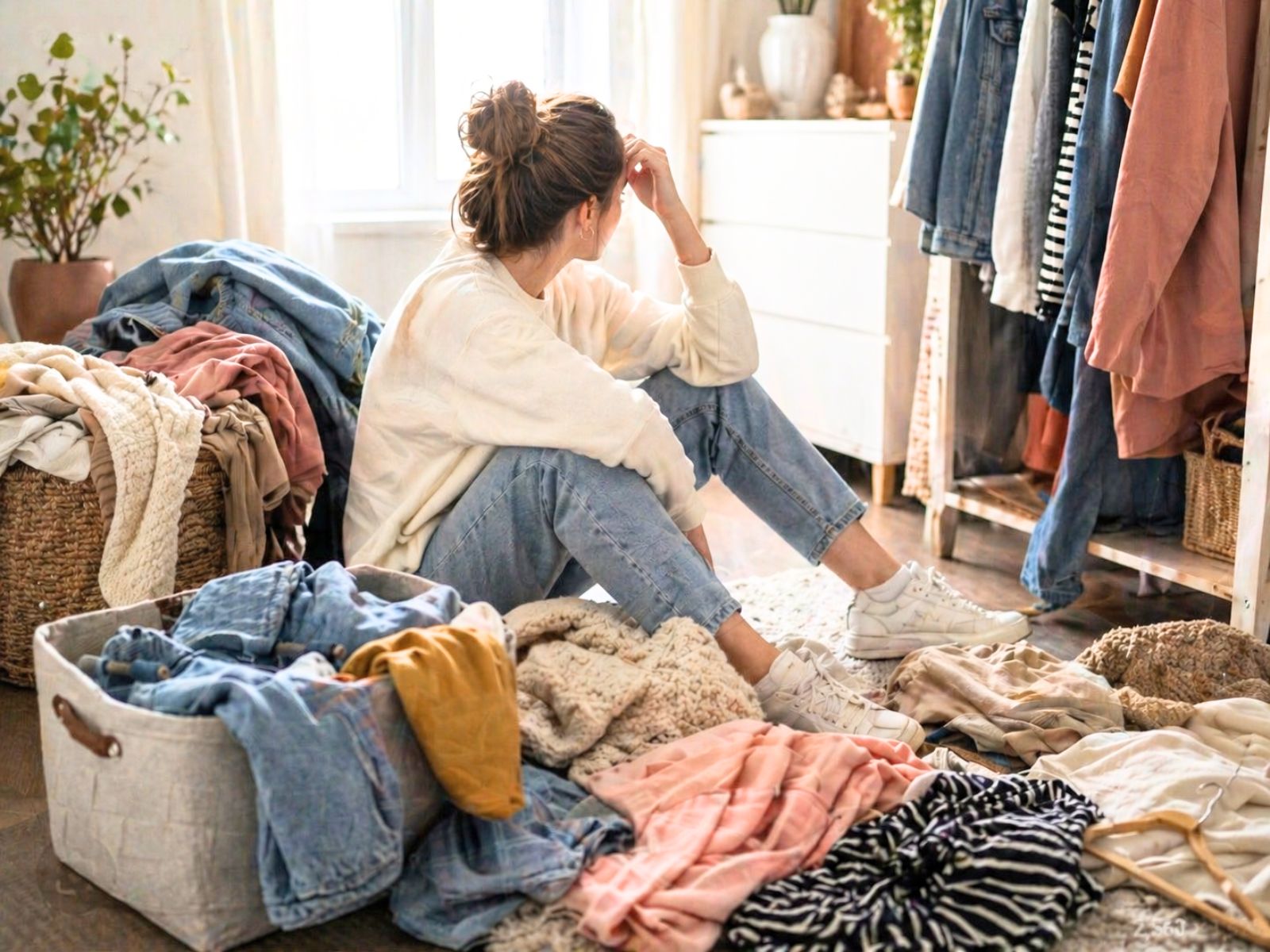 Woman sitting on bedroom floor surrounded by piles of clothes and laundry, looking overwhelmed while facing a messy closet in a sunlit room.